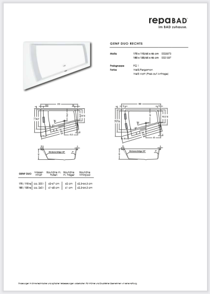 Repabad Badewanne Genf Duo 180/130 rechts